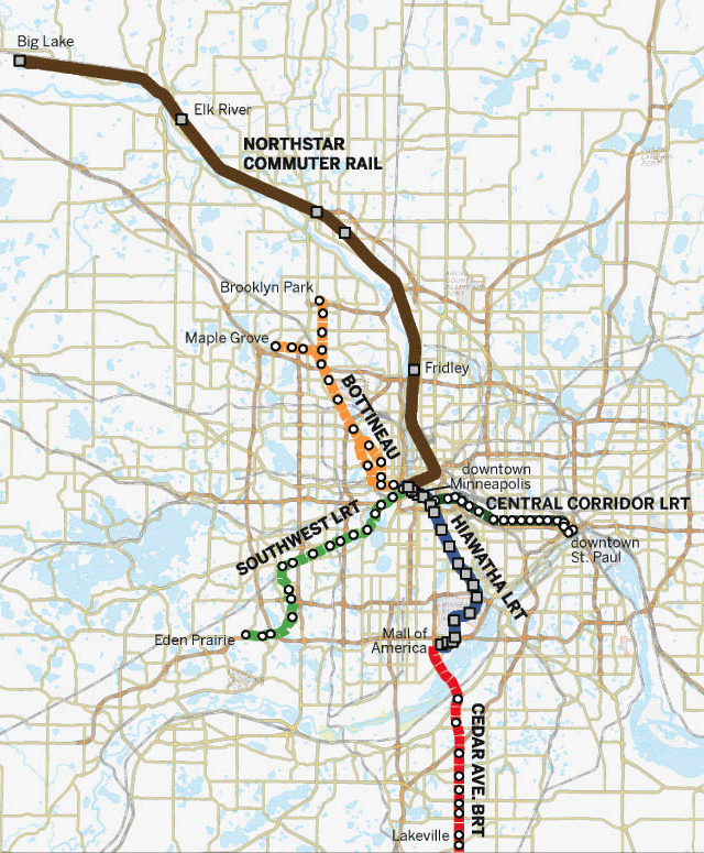 Completed and proposed LRT lines in the Twin Cities metro area.