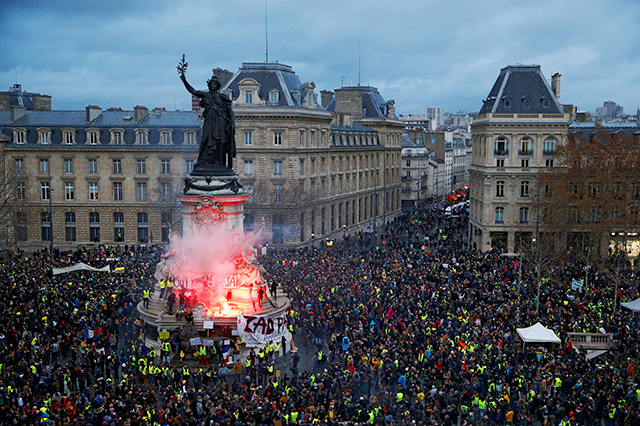 A view of the Place de la Republique as protesters wearing yellow vests gathered during a national day of protest by the "yellow vests" movement in Paris on Saturday.