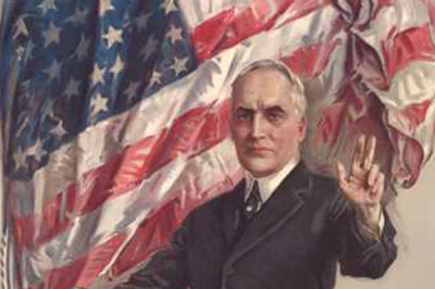 historic illustration of man standing in front of american flag