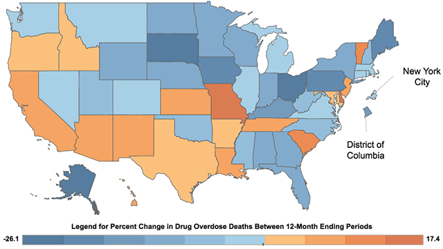 Percent change in predicted 12 month-ending count of drug overdose deaths, by jurisdiction: December 2017 to December 2018