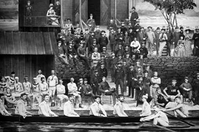 historical photo of minnesota boat club members near their boathouse