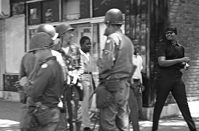 Riot police along Plymouth Avenue during race riots, North Minneapolis