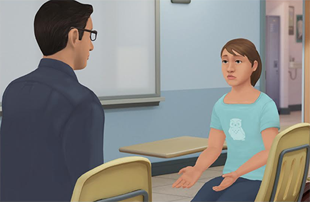 A screenshot of the "At-Risk" program, with avatar teacher and student.