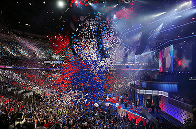 Balloons dropping at the conclusion of the Democratic National Convention in 2016.
