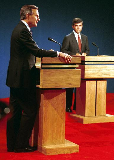 Vice President Bush debating Gov. Michael Dukakis on Oct. 13, 1988 in Los Angeles.