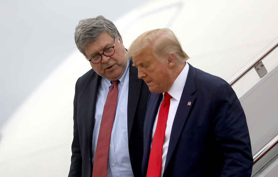 Attorney General Bill Barr and President Donald Trump shown deplaning back in Washington after a day trip to Kenosha, Wisconsin, on September 1.