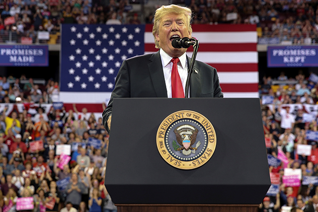 President Donald Trump shown holding a rally with supporters in Duluth on June 20, 2018.