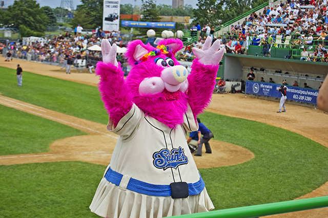 Mudonna leading a cheer during a 2009 Saints game at Midway Stadium.