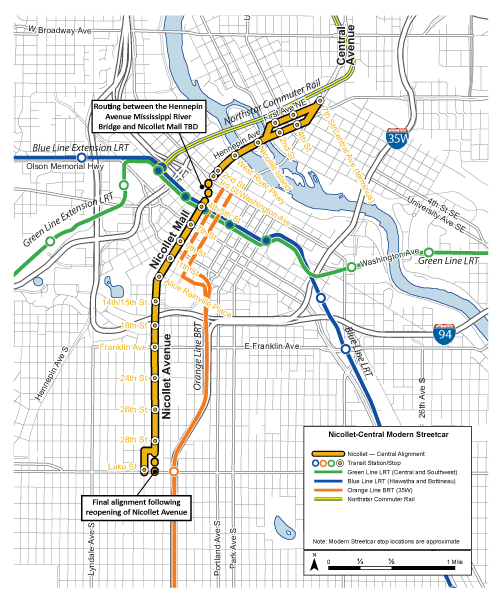 A map of the Nicollet-Central modern streetcar.