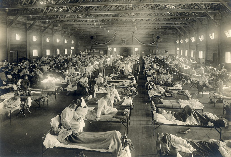 Soldiers from Fort Riley, Kansas, ill with Spanish flu at a hospital ward at Camp Funston.