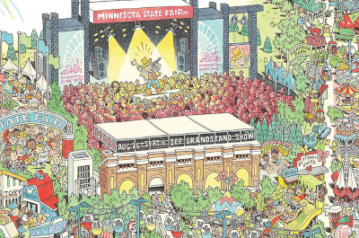 close up of state fair commemorative artwork, an illustration depicting various fair activities