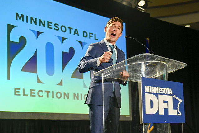 Minneapolis Mayor Jacob Frey speaking during a 2020 DFL Election Night gathering.