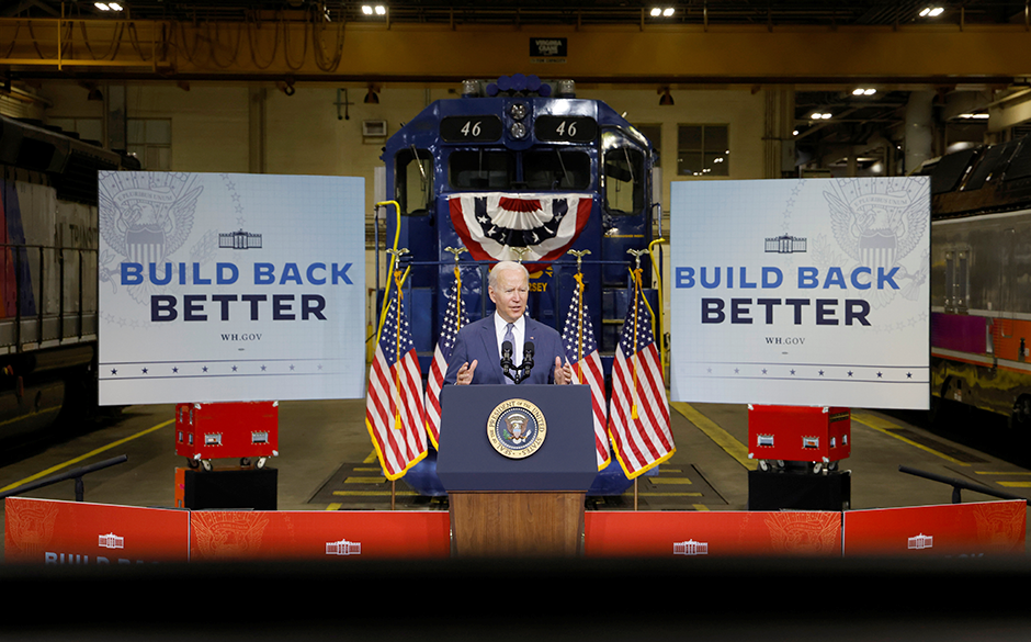 President Joe Biden delivering remarks on his Build Back Better infrastructure agenda at the NJ TRANSIT Meadowlands Maintenance Complex in Kearny, New Jersey, on October 25.
