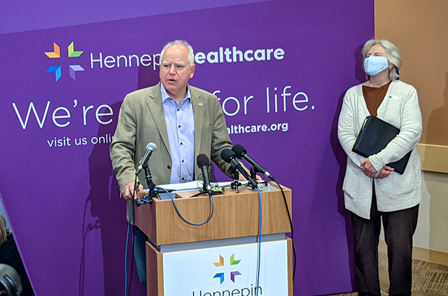 Gov. Tim Walz and MDH Commissioner Jan Malcolm speaking during Tuesday's press conference at HCMC.