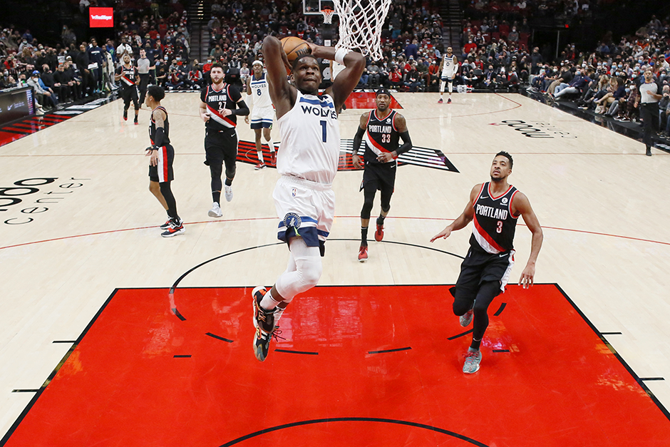 Anthony Edwards dunking the ball during the second half against the Portland Trail Blazers at Moda Center on Tuesday night.