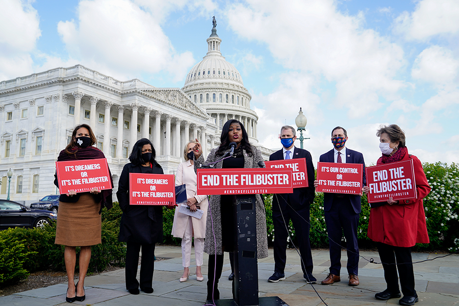 Rep. Cori Bush speaking during a news conference outside the U.S. Capitol about efforts to end the Senate filibuster on April 22, 2021.