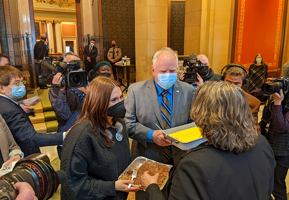 On the first day of the 2022 legislative session, Lt. Gov. Peggy Flanagan and Gov. Tim Walz handed out scotcheroos and lemon bars. Walz checks could be next.