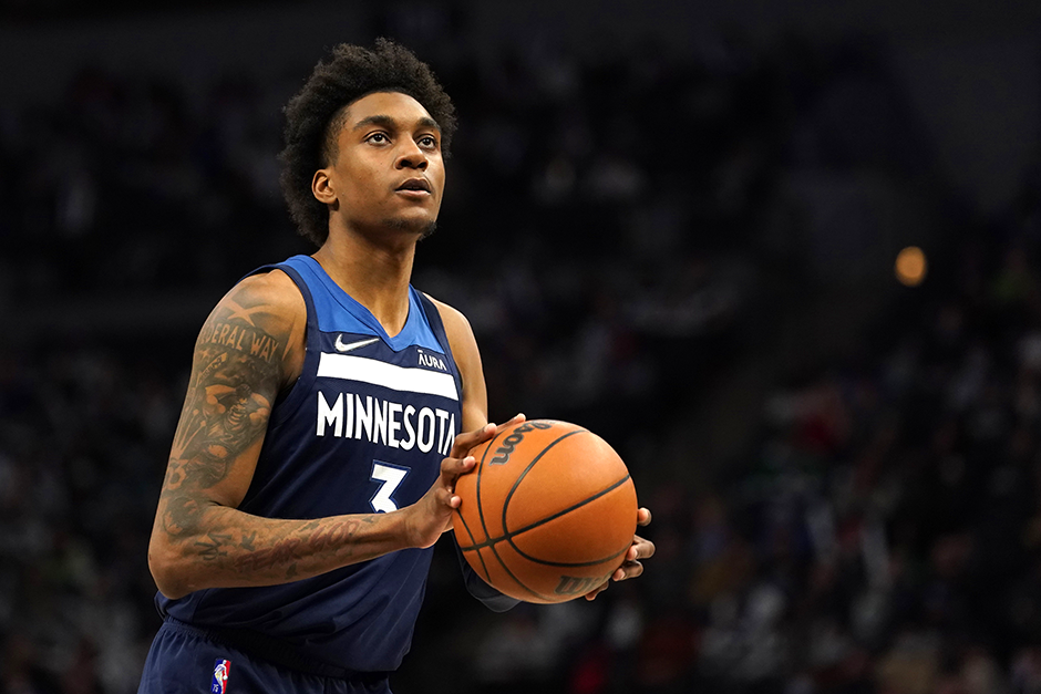 Timberwolves forward Jaden McDaniels taking a free-throw against the Toronto Raptors during the third quarter at Target Center on Wednesday.