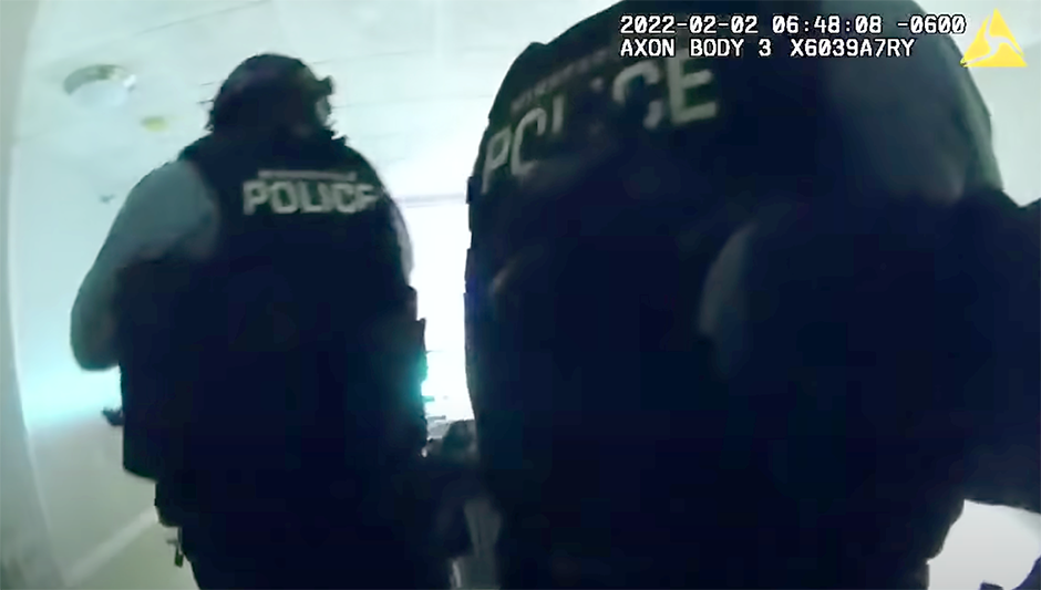 Body camera footage from a Minneapolis police officer taken during the serving of a no-knock warrant on February 3 at the Bolero Flats Apartments.