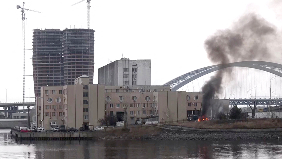 Smoke rises as a fire burns on the premises of the Ukrainian Defense Ministry's unit, in Kyiv, Ukraine, on Thursday.