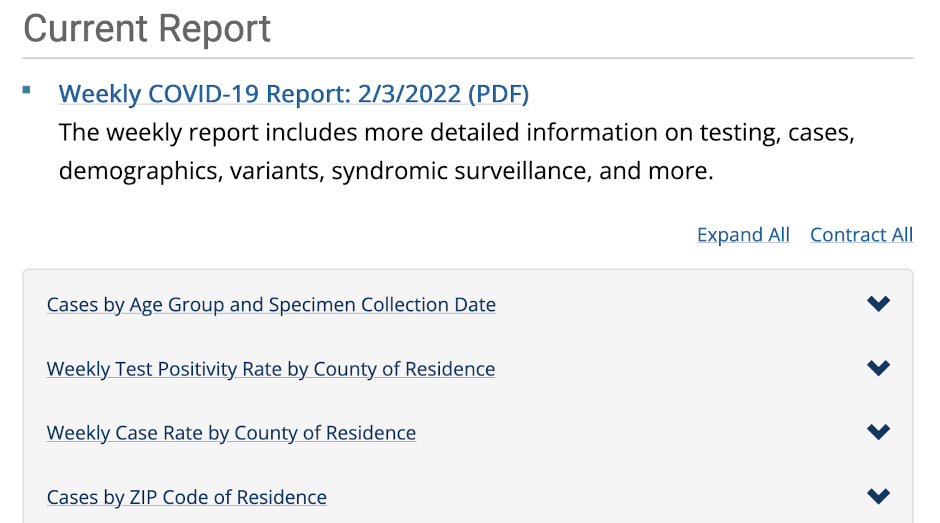 screenshot of state's weekly report page, which links to a pdf