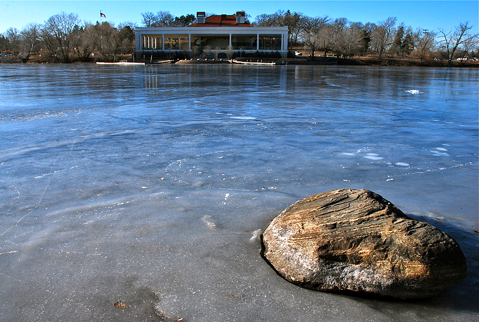 Once temperatures in Minnesota get above freezing, the snow on lakes starts to melt, allowing light to penetrate the ice.