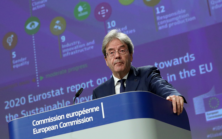 European Economy Commissioner Paolo Gentiloni speaking during a news conference on the 2020 Eurostat report on progress towards the Sustainable Development Goals in the EU, in Brussels, Belgium, on June 22, 2020.