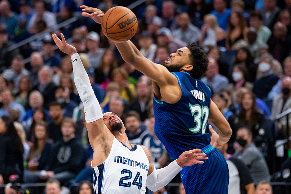 Memphis Grizzlies forward Dillon Brooks shown with Minnesota Timberwolves center Karl-Anthony Towns during the second quarter of Thursday night’s game.