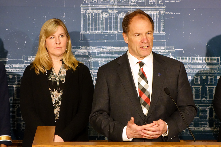 House Taxes Chair Paul Marquart, right: “Rather than do a little bit for those who don’t need it, we thought: How can we move the dial, really make a difference, in the lives of our families, our workers and our senior citizens?” At left is House Speaker Melissa Hortman.