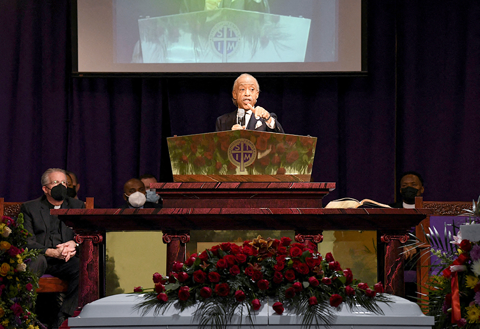 Rev. Al Sharpton giving the eulogy during the funeral for Amir Locke at the Shiloh Temple International Ministries in Minneapolis.
