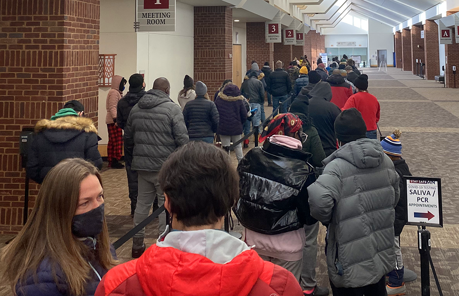 In December 2021, the Minnesota Department of Health received two separate rounds of $2.5 million to fund the state’s testing program. Shown is the line for COVID-19 testing at Saint Paul RiverCentre in January 2022.