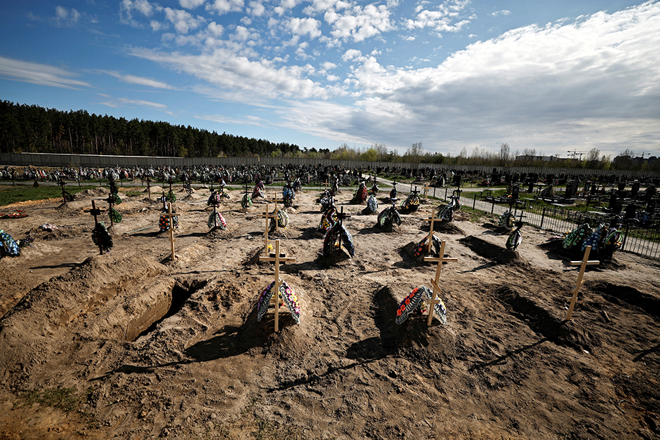 New graves for people killed during Russia's invasion of Ukraine, at a cemetery in Bucha, Kyiv region.