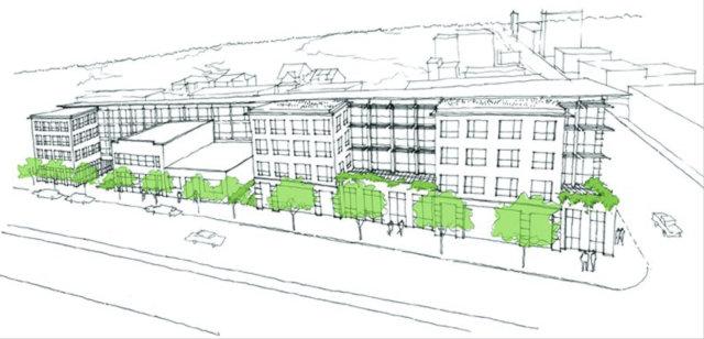image of architectural drawing showing row of multi-story mixed residential and commercial buildings