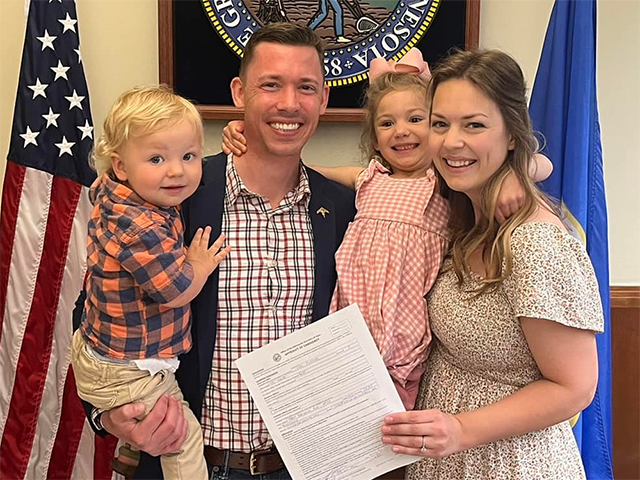 Tyler Kistner and family at the elections office at the Minnesota State Capitol on May 23.