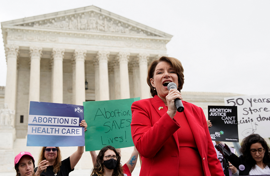 Sen. Amy Klobuchar speaking during a protest outside the U.S. Supreme Court on Tuesday.