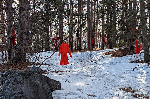 A red dress installation by the Center for Native American Studies at Northern Michigan University honoring murdered and missing Indigenous women.
