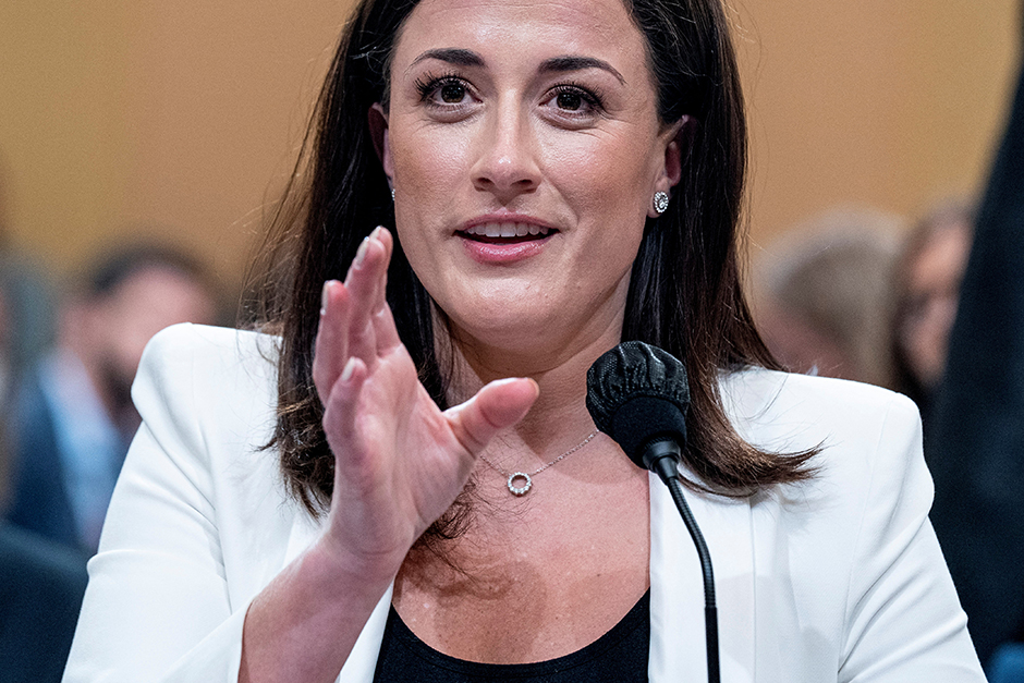 Cassidy Hutchinson testifiying on Tuesday during a public hearing by the U.S. House Select Committee investigating the January 6 Attack on the U.S. Capitol.