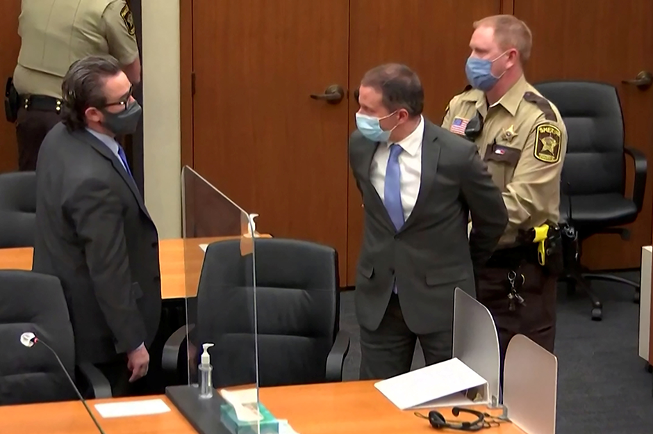 Derek Chauvin being led away in handcuffs after the guilty verdicts were announced on April 20, 2021.