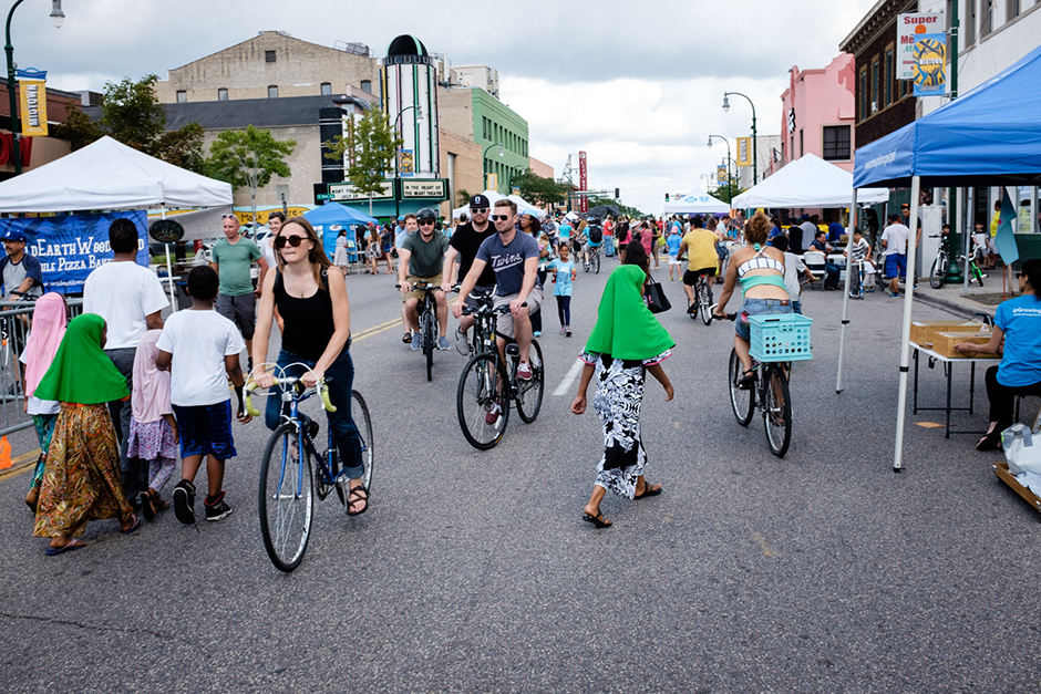 People at Open Streets on East Lake Street in August 2019.