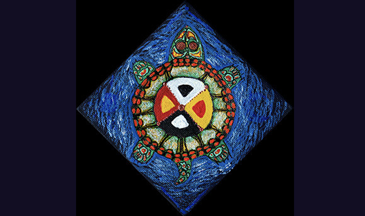 Painting of a turtle on water with an Anishinaabe medicine wheel on its back by Sylvia Houle.
