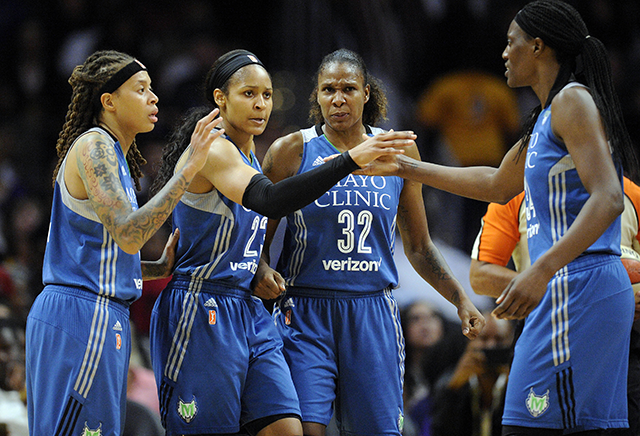 From left: Seimone Augustus, Maya Moore, Rebekkah Brunson and Sylvia Fowles react after a foul called against the Los Angeles Sparks during the first half in Game 4 of the WNBA Finals at Staples Center in 2017.