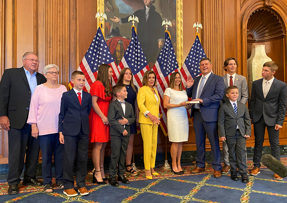 Brad Finstad and family shown in the ceremonial photo op following the administering of the oath of office from Speaker Nancy Pelosi on the U.S. House floor.