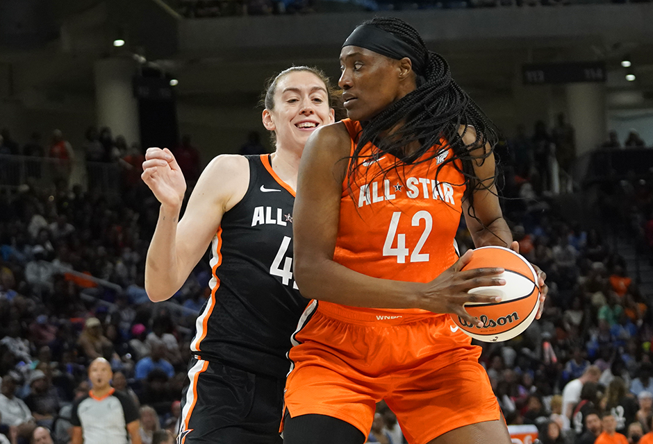 Sylvia Fowles shown during the second half of the 2022 WNBA All Star Game at Wintrust Arena in Chicago.
