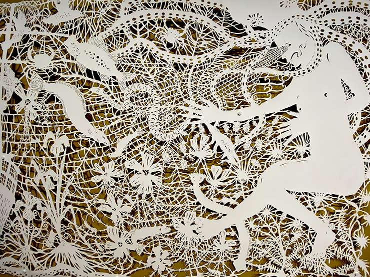 Detail from Ghost Ship. Cut paper on painted background.