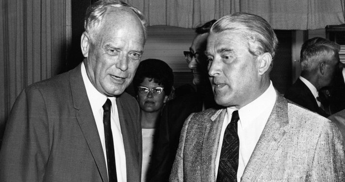 Flight pioneers with checkered pasts: Wernher von Braun, right, talking to Minnesota's own Charles Lindbergh in 1969.