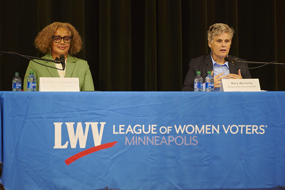 Candidates Martha Holton Dimick and Mary Moriarty at the forum put on by the League of Women Voters inside the gym of the Sojourner Truth Academy in north Minneapolis.
