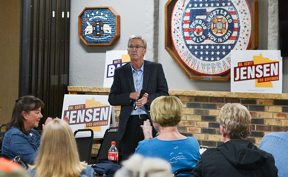 Scott Jensen told a crowd of roughly 150 people at a VFW in Fergus Falls last week: “Sleepy Eye was a wonderful place to grow up. We had values, we knew who we were, and we recognized that sometimes it really does take a village to raise a child.”