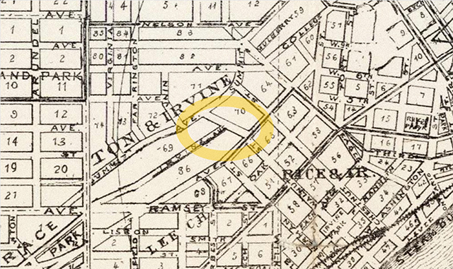 An 1887 version of Rice's Best map of St. Paul with the Walnut Street right-of-way circled in yellow.