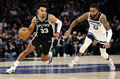 San Antonio Spurs guard Tre Jones dribbled while Timberwolves guard D'Angelo Russell
