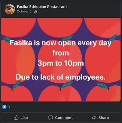 A Facebook message from Fasika Ethiopian Restaurant in St. Paul.